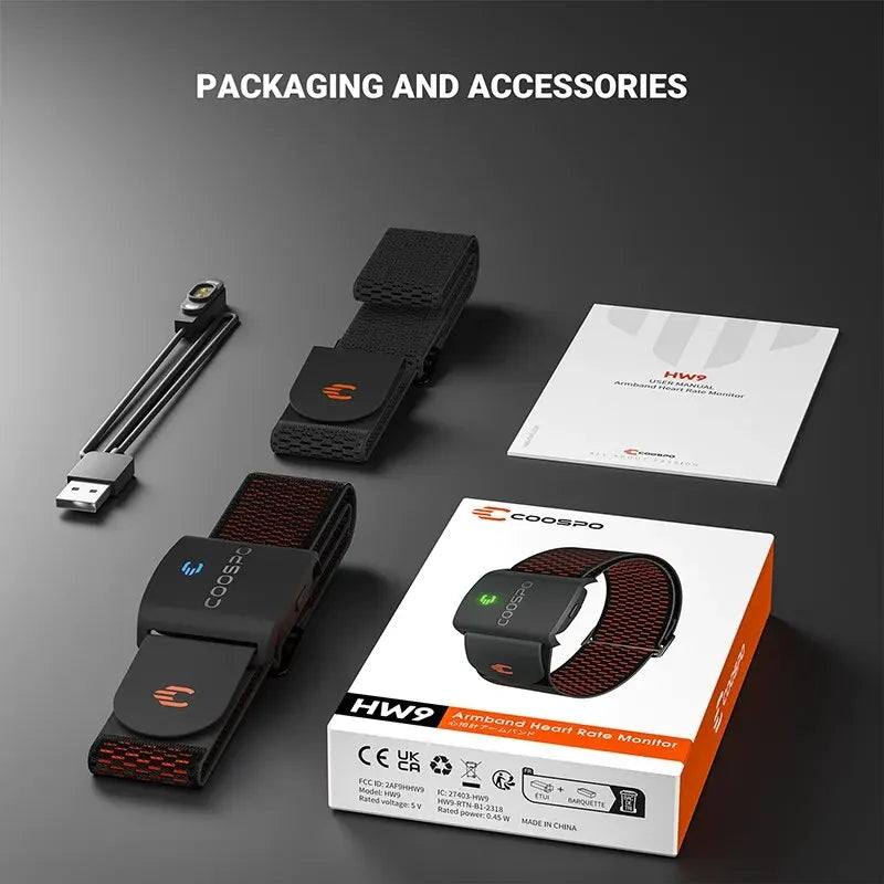 HW9 HRM Sensor Armband Heart Rate Monitor with HR Zones/Calories for Fitness Running BLE5.0 ANT+ for Peloton,Zwift,Wahoo